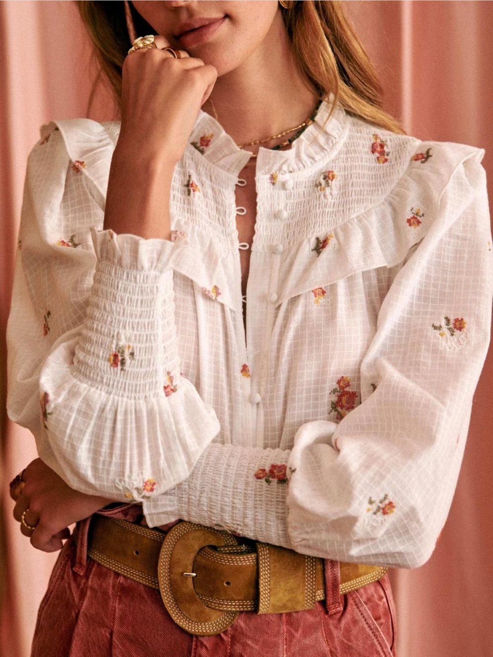 Sezane White Floral-Embroidered Ruffled Blouse